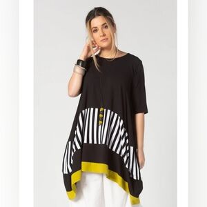 Black and Yellow Boxy Tunic with 3/4 Sleeves and Asymmetrical Hem